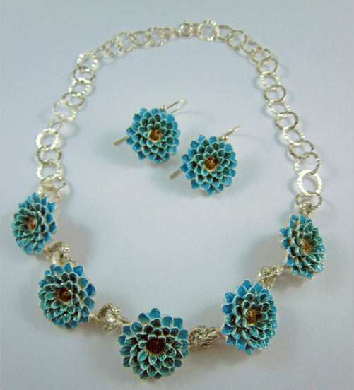 Dahlia Darling - Teal Enamel Flower Necklace