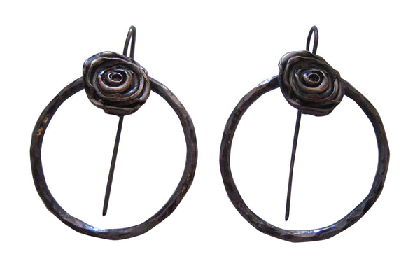 Midnight Garden - Black Rose Hoop Hook Earrings